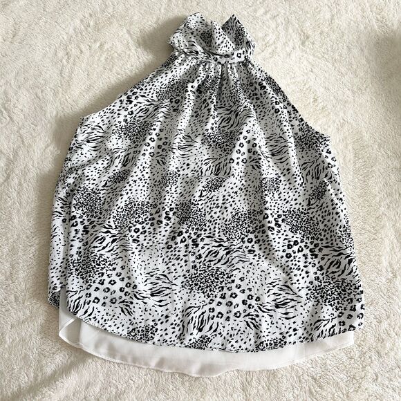 Tahari Blouse Size Medium Animal Print Black White Halter High Neck - Picture 1 of 8